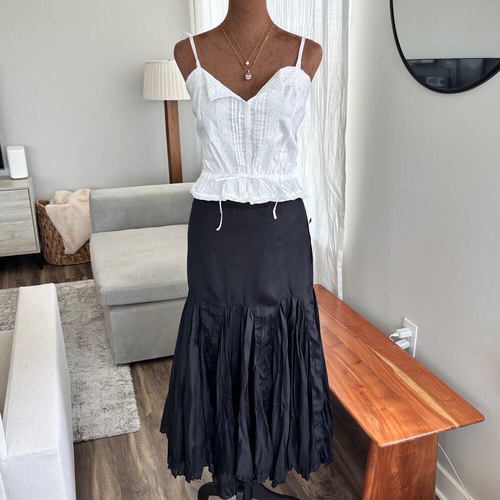 2000s Vintage Dimri Black Crinkle Maxi Skirt Y2K Flare Boho Hippie Size Medium